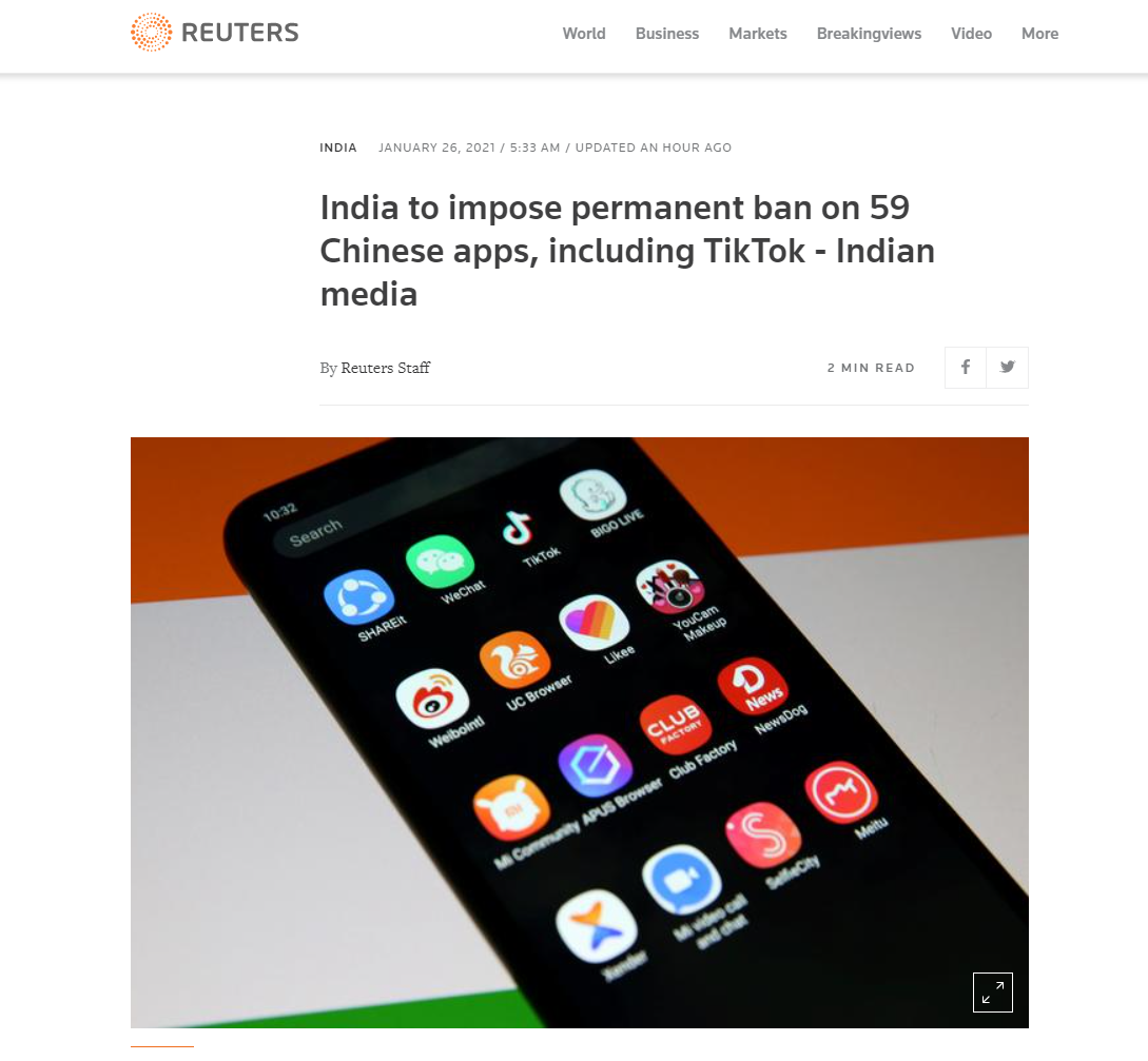 印媒：印度宣布將永久禁止59款中國APP，包括百度、UC瀏覽器等
